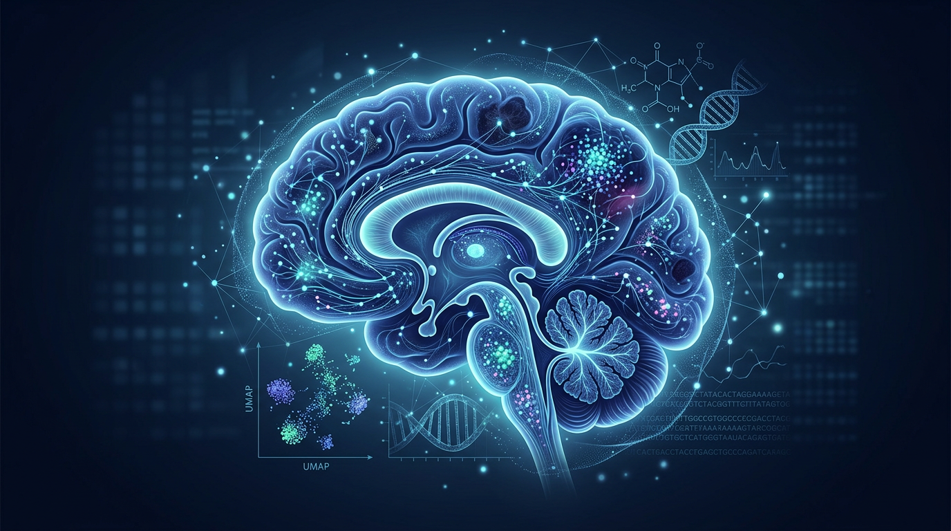 Abstract AI and single-cell genomics illustration of a brain tumor research program