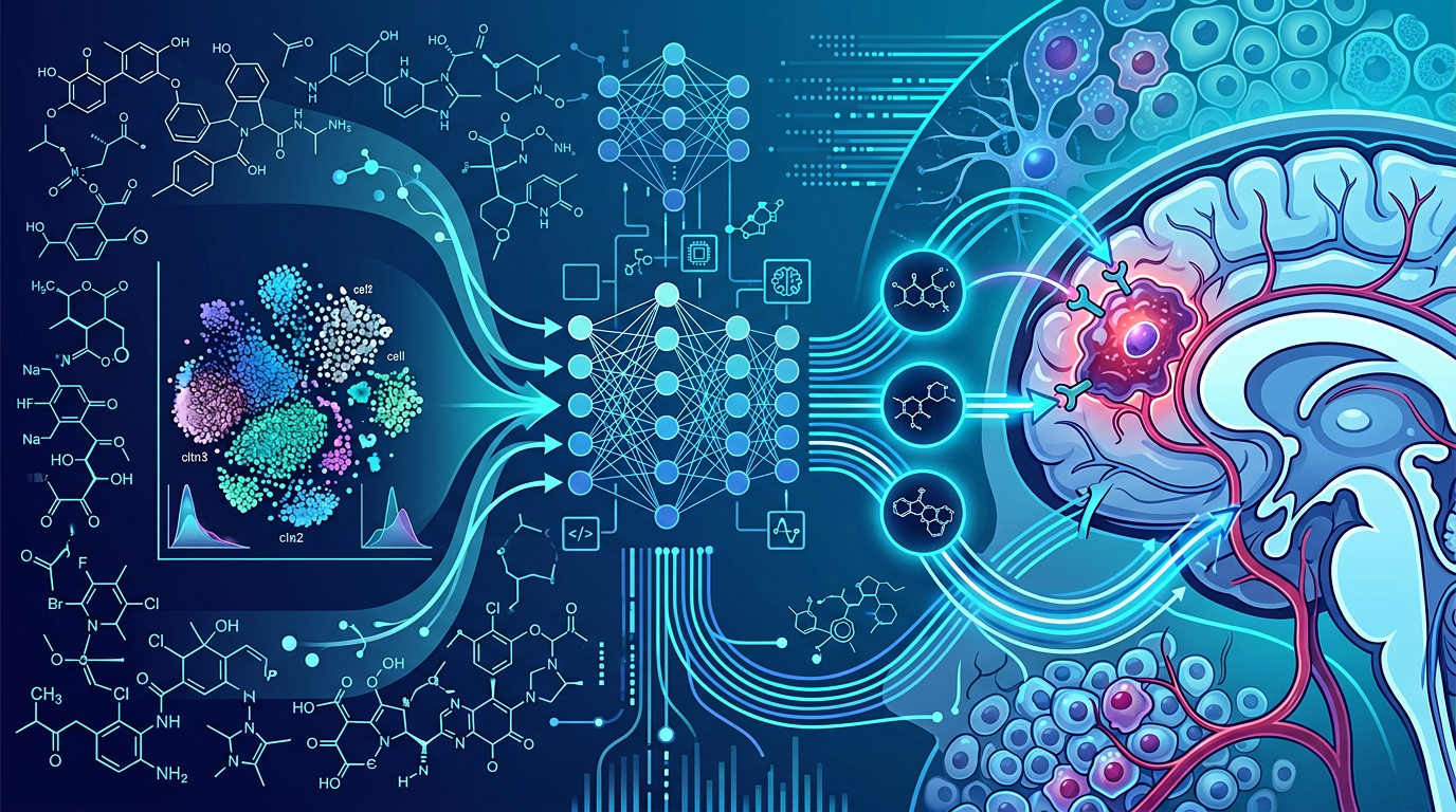 Abstract illustration of AI-guided drug discovery for brain tumors